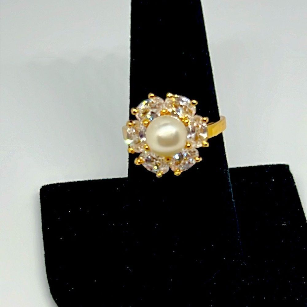 Gold Pearl Halo Ring with Clear Stones - Elegant Women's Ring